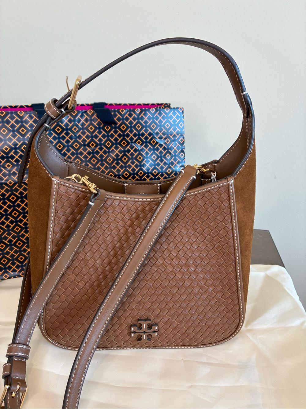 Rare Tory Burch Thea Small Brown Woven Leather and Suede Bag